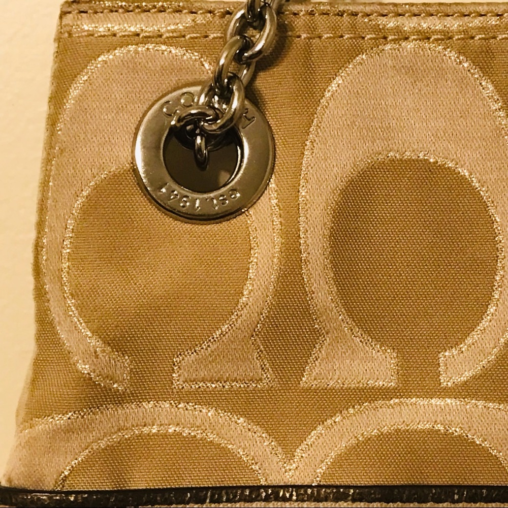 Coach Poppy Signature Metallic Jacquard Khaki Chain Purse Tote Bag - Picture 3 of 11